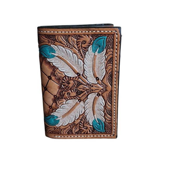 Natural Leather Tri-fold Wallet Floral Feathers Tooled by Ranger Belt Company - Picture 2 of 9